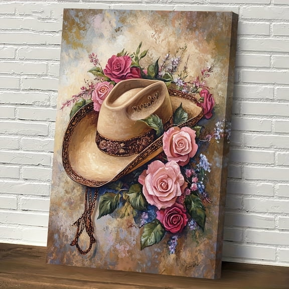 1pc Western Cowgirl Hat & Floral Roses Canvas Wall Art - Rustic Wood Framed, Ready to Hang,  | Detailed Cowboy Hat & Rose Design | Ideal for Bedroom, Kitchen, Office, Bar