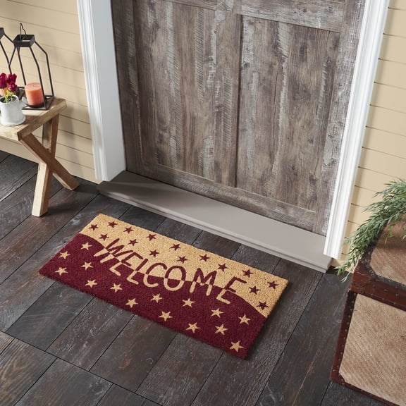 VHC Brands Burgundy Tan Stars Coir Welcome Rug Rect 17x36