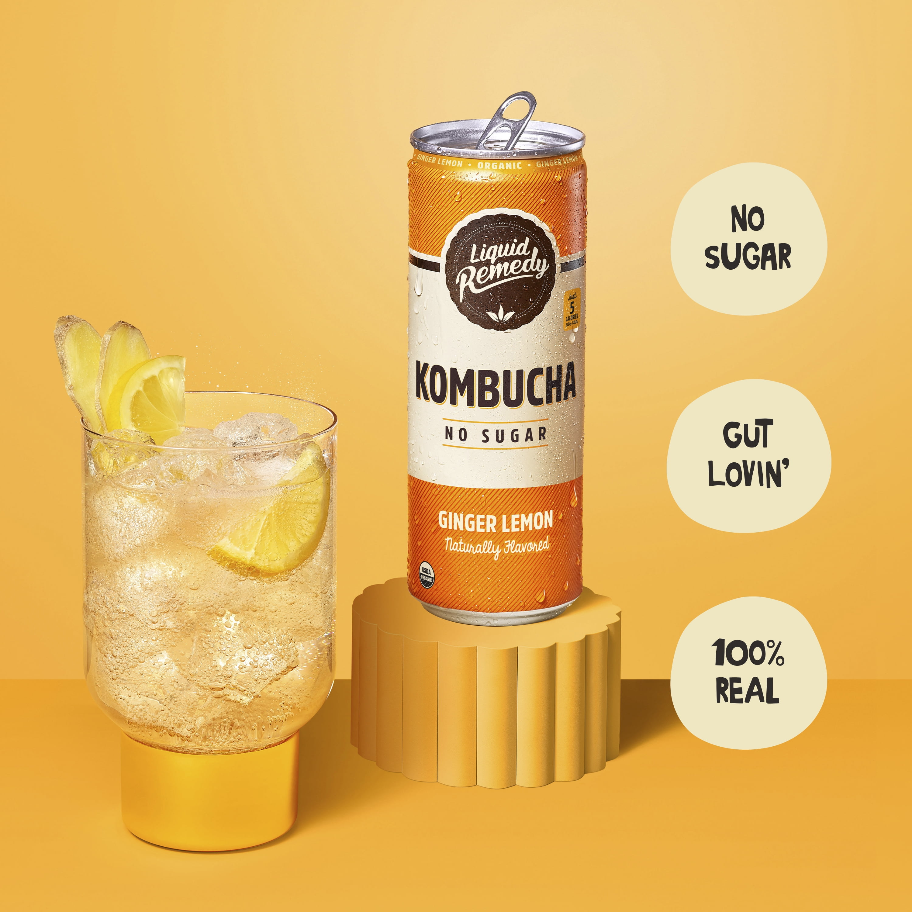 Liquid Remedy Kombucha Ginger Lemon Low Calorie Sugar Free, 12 Pk, 12 oz Cans