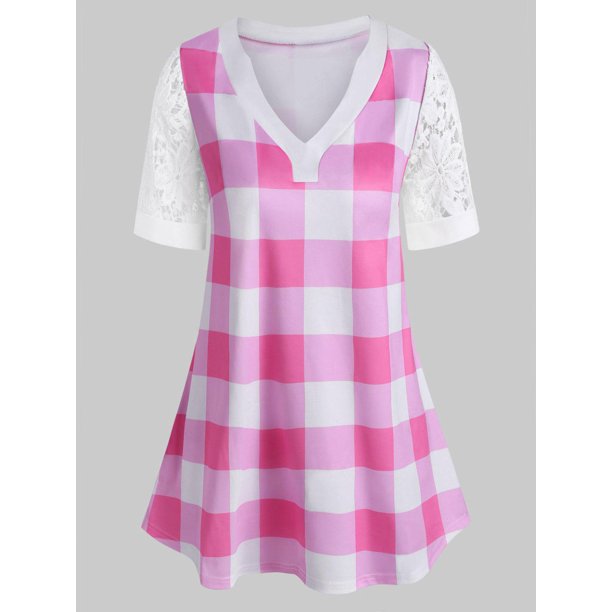 Más el tamaño de la tela escocesa de la manga del cordón camiseta Rosegal Camisetas tallas grandes