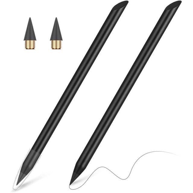 LAICAIW 2 Pcs Crayon Sans Encre en Métal, Crayon Infini, Crayon Réutilisable Éternel, Crayon à Pointe Remplaçable avec 2 Pointes Remplaçables pour Écrire Dessiner Étudiants Fournitures Maison Bureau École (Noir)
