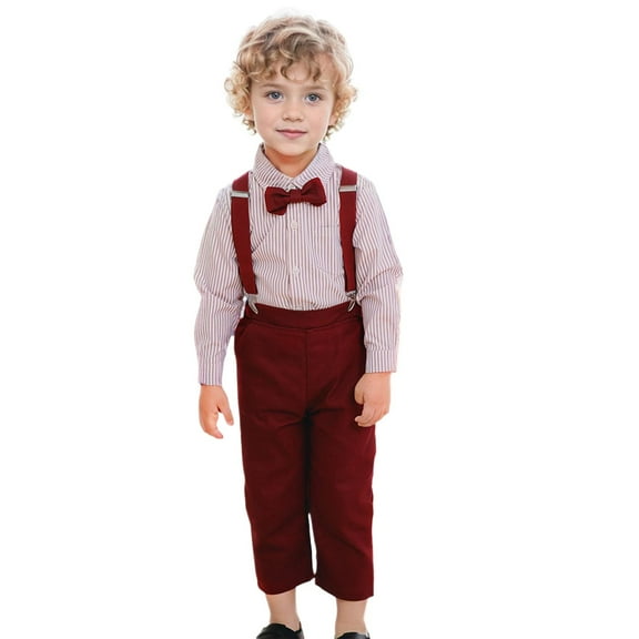 XinLfly Baby Boys Suit Set Formal Dress Shirt with Bow Tie, Suspender and Pants Kids Boys Gentleman Clothes,Red,6-7T