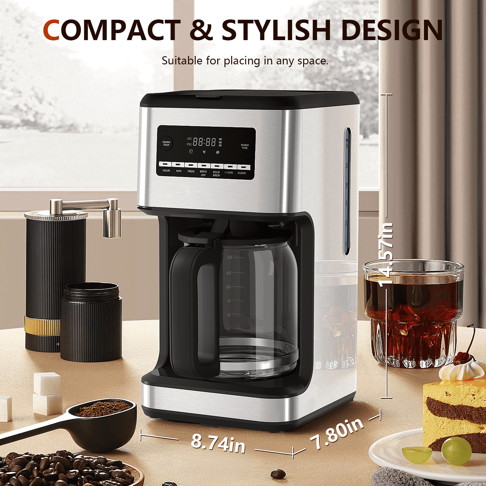 FREE VILLAGE Coffee Maker, Drip Coffee Machine, 14-Cup Glass Carafe, 24 Hours Programmable Coffee Brewer, Keep Warm,Washable Filter,Stainless Steel,Silver