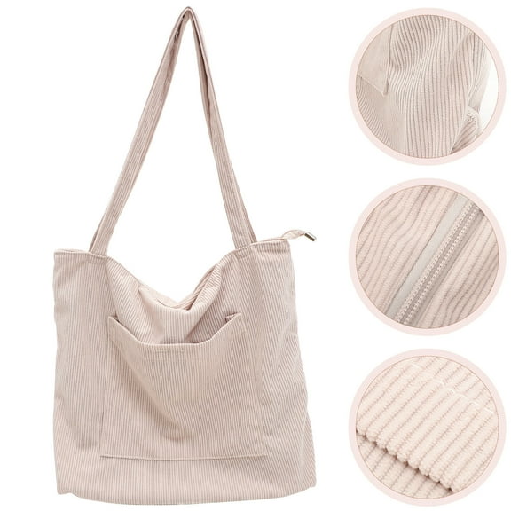 WEUVEB 1Pcs Tote Shoulder Bag Women Beige Corduroy Casual Outdoor Activities