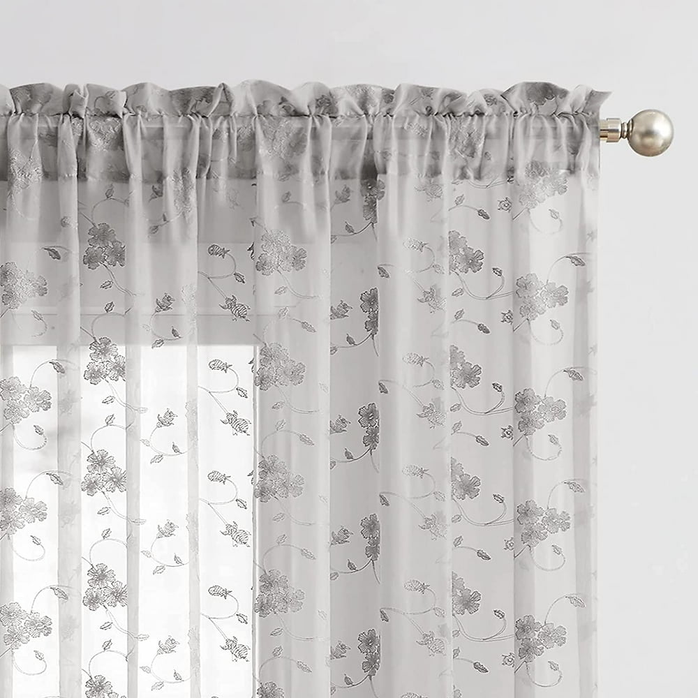 Sheer Curtains Grey with Embroidery Design Drapes for Living Room 63 inch Length Rod Pocket