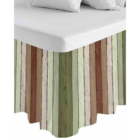 Sage Green Wrap Around Bed Skirts for Queen Bed 18" Drop,Bed Skirt with Adjustable Elastic Belt Dust Ruffle Bed Valance for Bedroom Hotel Farmhouse Wood Grain Vintage Brown Striped Bed Frame Cover