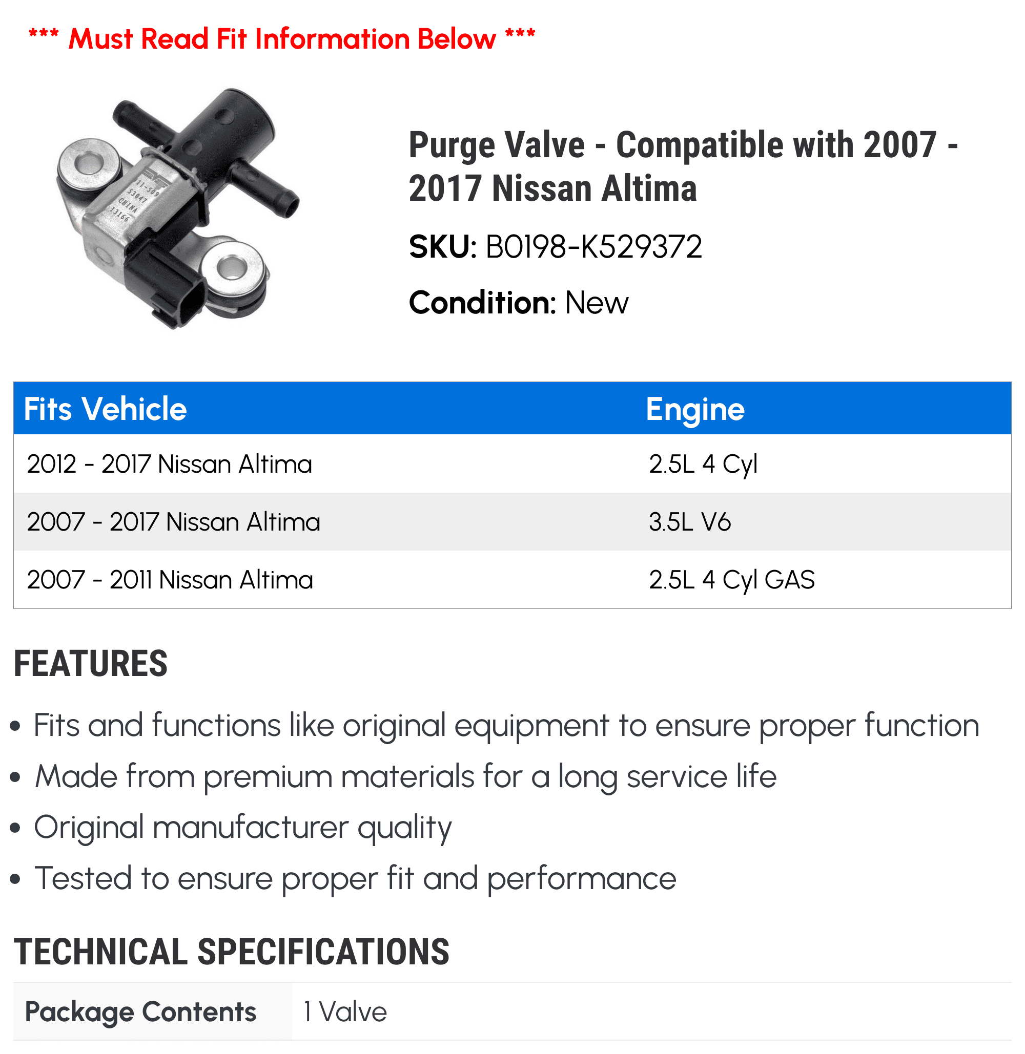 Purge Valve - Compatible with 2007 - 2017 Nissan Altima 2008 2009 2010 2011 2012 2013 2014 2015 2016