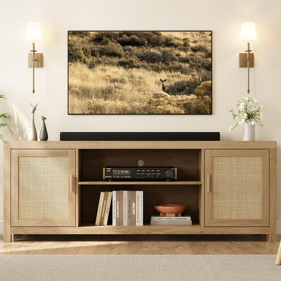 Rattan TV Stand for 65 inch, Boho Entertainment Center with Adjustable Shelves, Natural Oak TV & Media Cabinet 2-Tier Storage for Living Room Bedroom