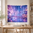 thumbnail image 5 of Neon City Beneath a Ringed Planet, Dreamy Fantasy for Space Lovers, Cityscape Wall Art, Housewarming Gift, Tapestry Wall Hanging for Bedroom, Gaming Room and Studio, 5 of 7