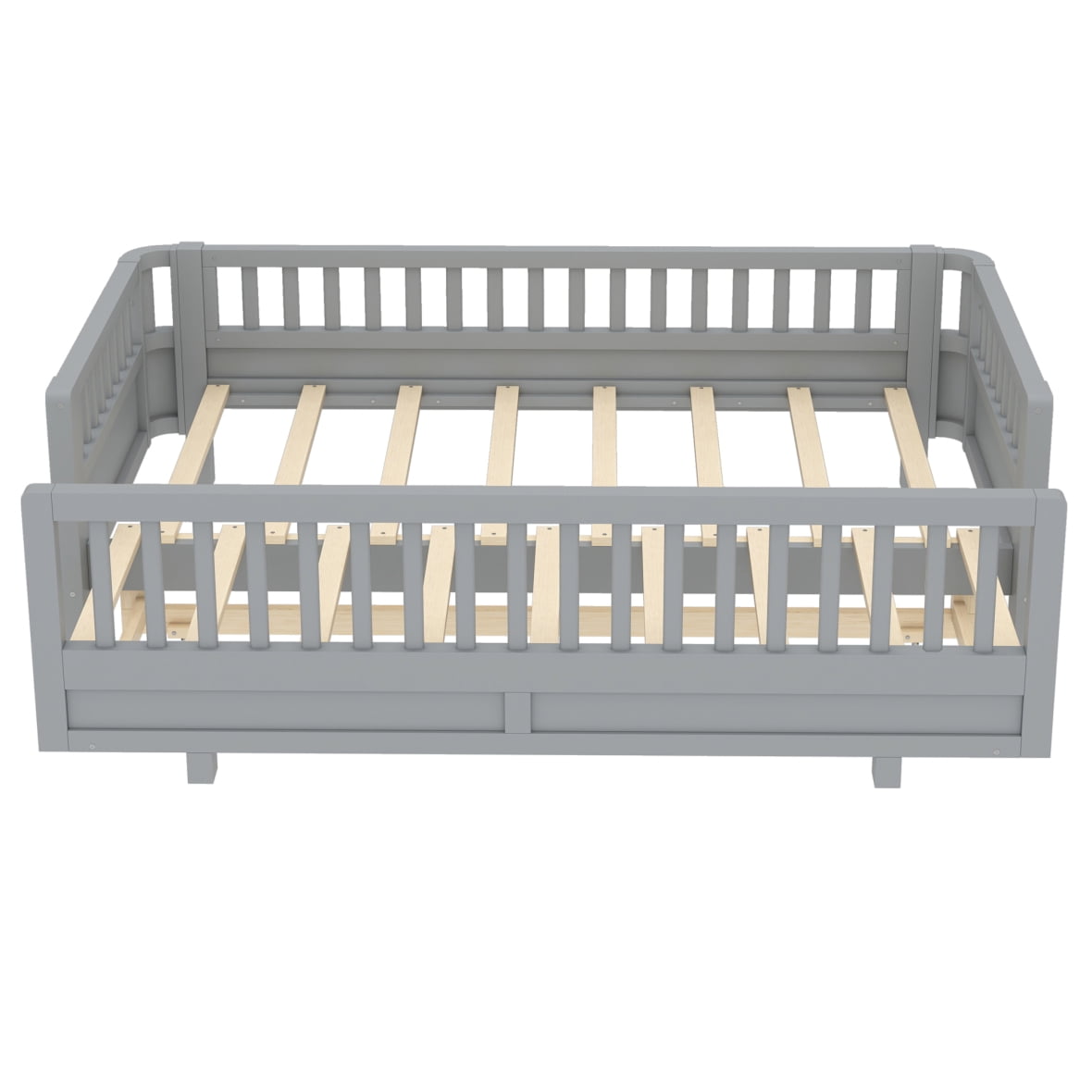 Twin XL Montessori Floor Bed or Queen Platform Bed for Kids, Solid Wood Twin XL Bed Frame with Guardrails, 2-in-1 Convertible Toddler Bed Frame, Grey