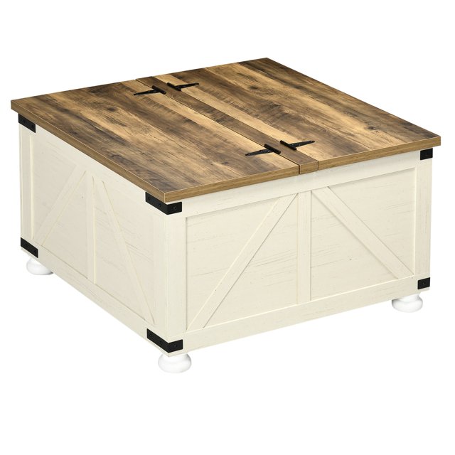 CoSoTower Table Basse Style Ferme, Table Centrale Carrée avec Couvercles à Rabat, Compartiment de Rangement Caché et Pieds en Bois, Blanc Antique