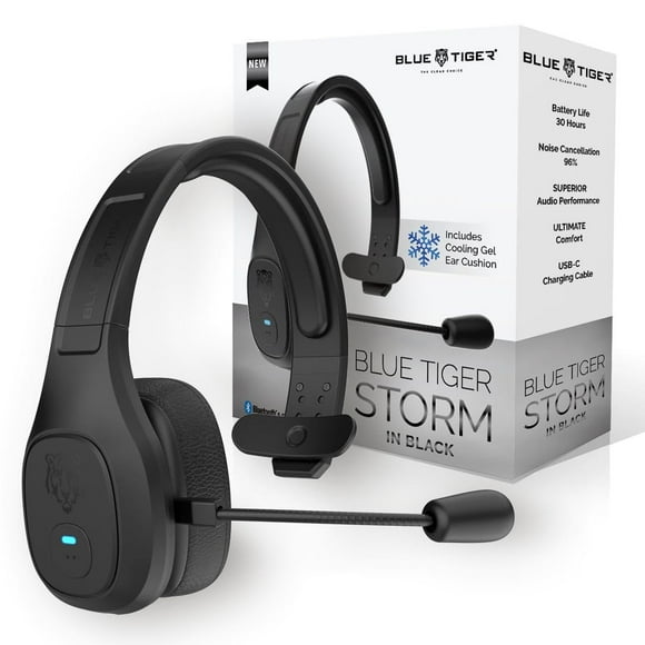 Blue Tiger Storm Black - Auriculares Bluetooth Premium Trucker - Auriculares mono inalámbricos con cancelación de ruido y micrófono - Sonido de alta fidelidad, tiempo de conversación de 30 horas, carg