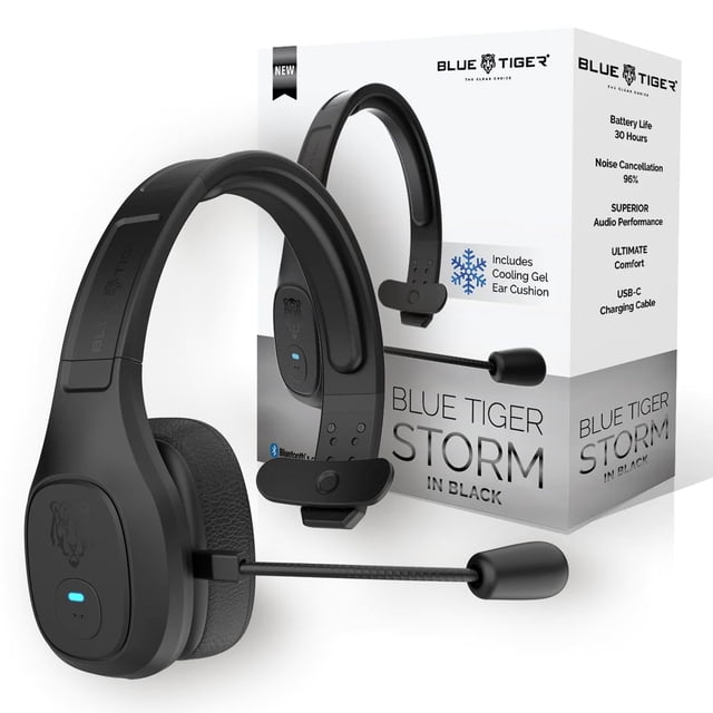 Blue Tiger Storm Black - Auriculares Bluetooth Premium Trucker - Auriculares mono inalámbricos con cancelación de ruido y micrófono - Sonido de alta fidelidad, tiempo de conversación de 30 horas, carg