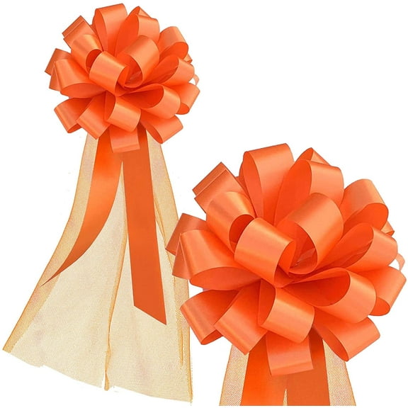 Orange Wedding Pull Bows with Tulle Tails - 8" Wide, Set of 6, Fall, Thanksgiving, Halloween, Easter, Spring