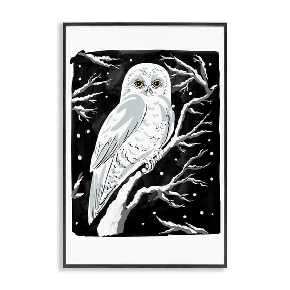 Stupell Industries Forest Owl & Calm Snowfall Animals Painting Black Framed Art Print Wall Art, 12 x 18
