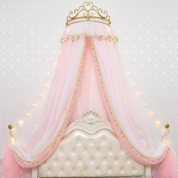 Girl Bed Curtain Princess Crown Mosquito Netting Children Room Decor Bedside Yarn Net Romantic Princess Tents Bed Canopy Valance (Light Pink)