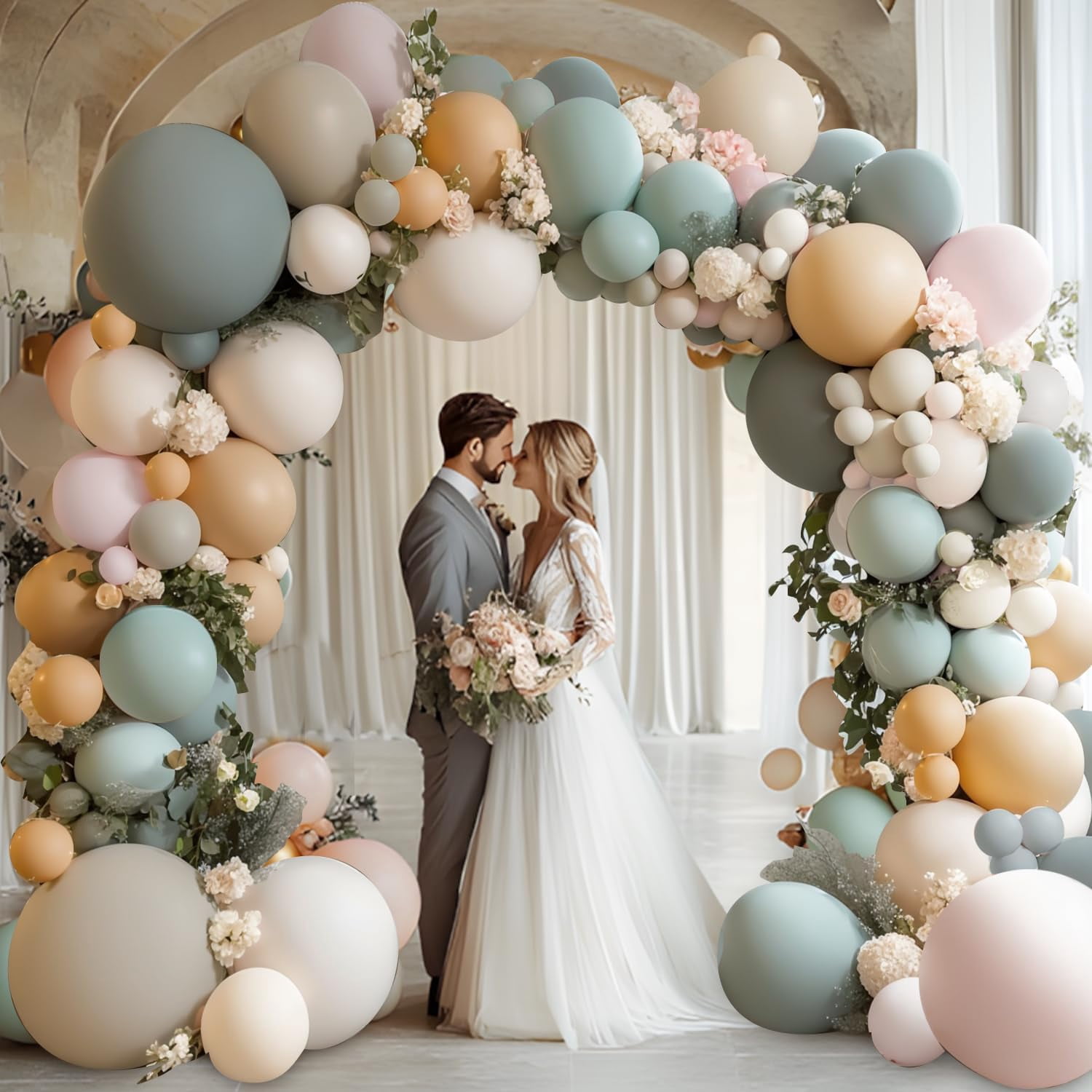 Dusty Green White Pink Balloons Arch Kit, Double Stuffed Pastel Balloon Arch Dark Light Green Pink Nude White Sand Brown Balloons for Gender Reveal Woodland Wedding Birthday Party Decoration