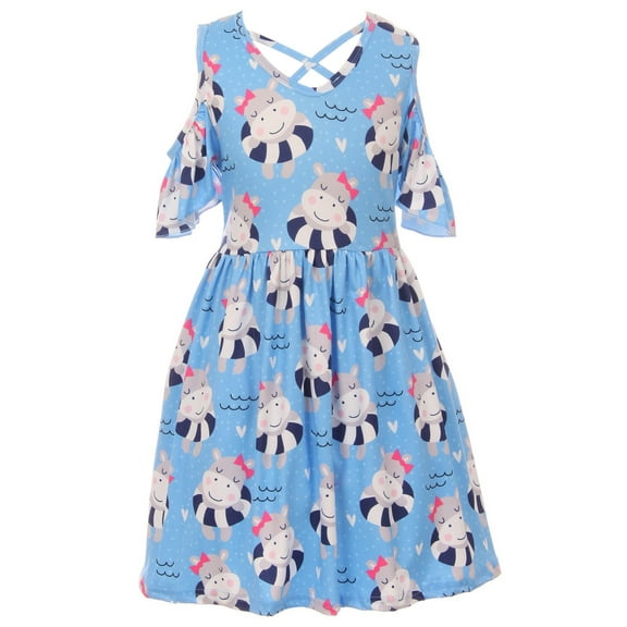 Toddler Girls Lovely Cold Shoulder Happy Hippo Birthday Party Flower Girl Dress Blue 2T XS (P201430P)