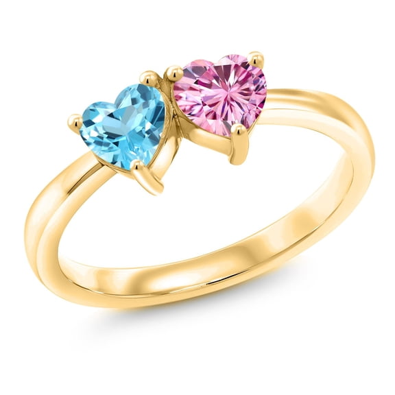Gem Stone King 18K Yellow Gold Plated Silver Fashion Right-Hand Ring Heart Shape Swiss Blue Topaz and Vivid Pink Moissanite (1.05 Cttw, Size 6)