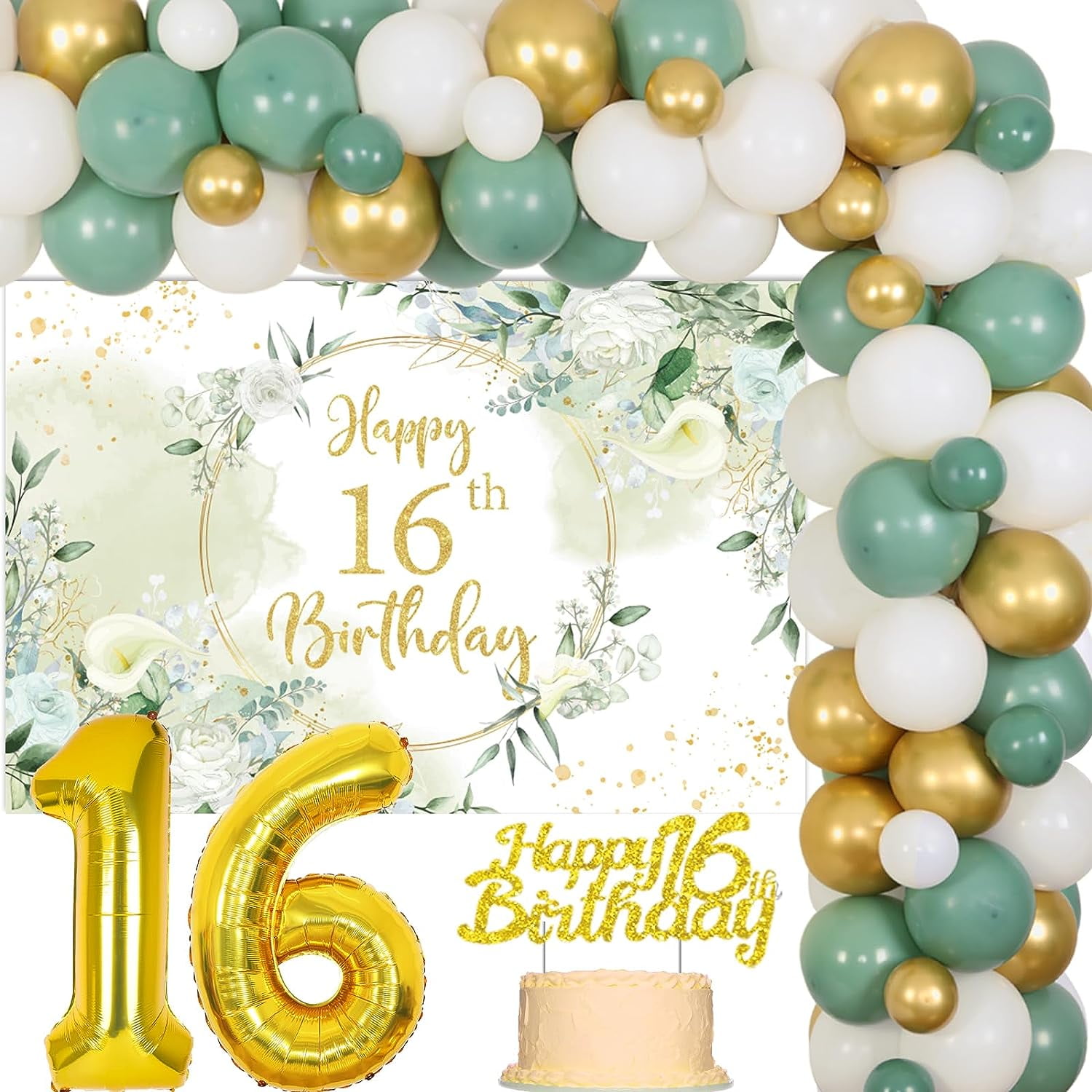 Sage Green Sweet 16 Birthday Decorations, Sage Green and Gold Balloon ...