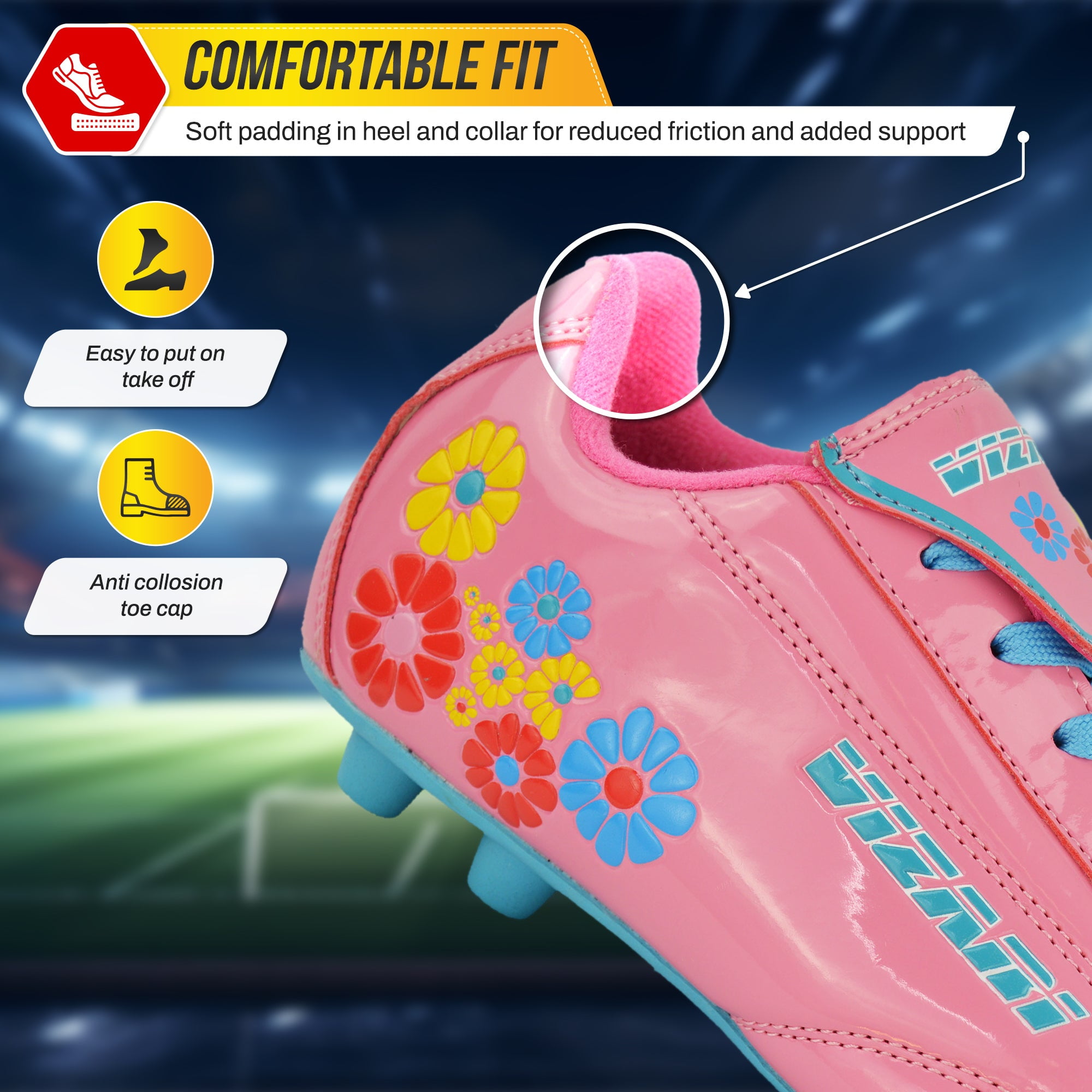 Vizari Blossom Soccer Cleats for Kids, Toddlers, and Youth – Comfortable and Durable Firm Ground Outdoor Shoes - Pink/Blue, 11