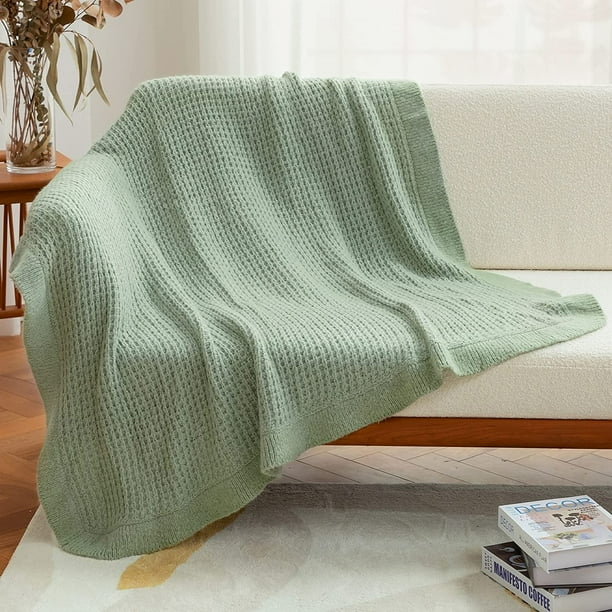Amelie Home Soft Cozy Waffle Knit Throw Blanket with Ruffled Fringe Decorative Lightweight Knitted Throw Blankets for Couch Bed Sofa Sage Green 5HTOOQ x 6HTOOQ Walmart