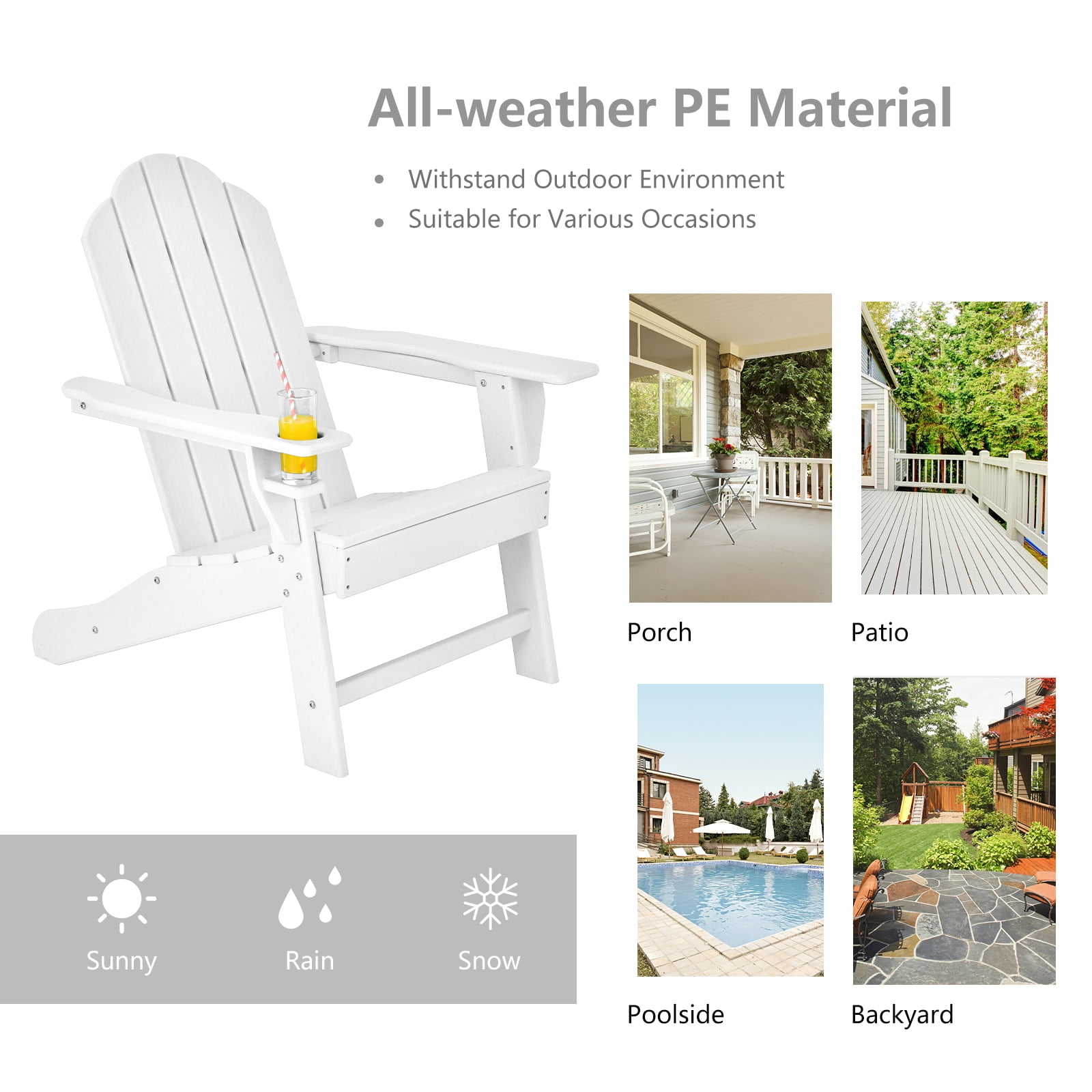 Patiojoy 2PCS Adirondack Chair Outdoor with Cup Holde Weather Resistant Lounger Chair for Backyard Garden Patio and Deck White
