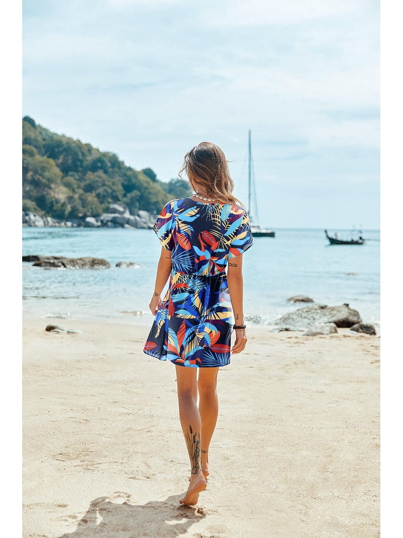flowy beach cover up dress Ekouaer Women's Cover Ups Casual Swimsuit Coverups Flowy Tie Waist Beach  Cover Up Dress