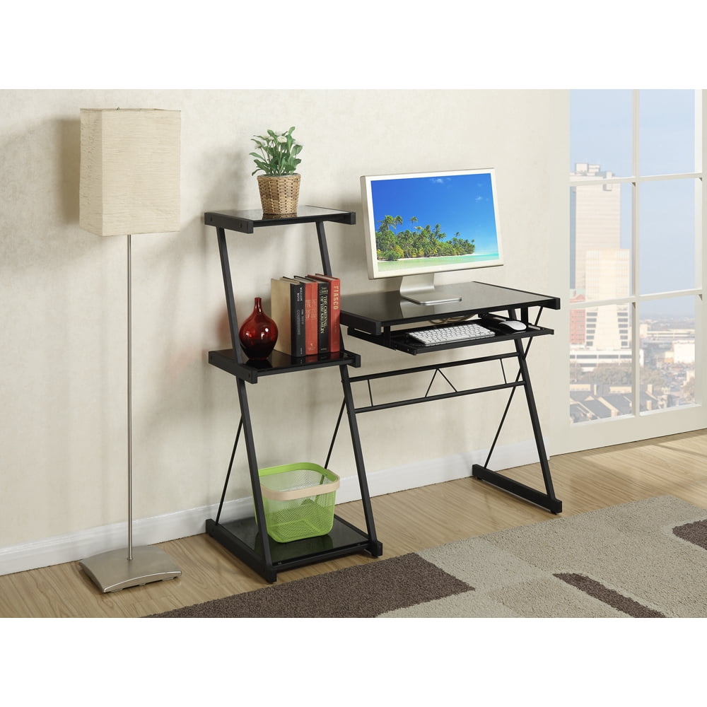 Glass Top Desk With Side Shelves In Black