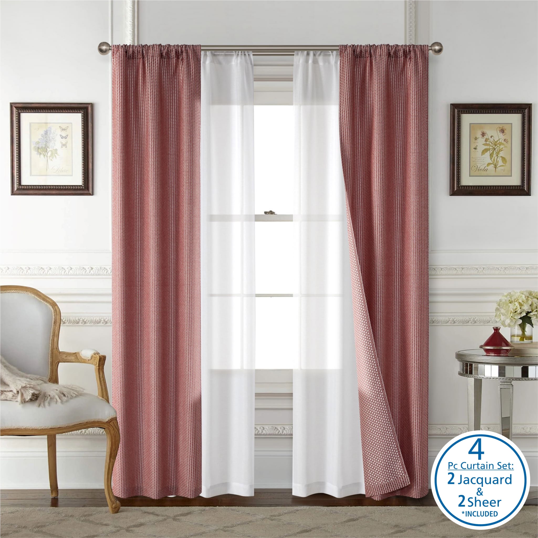 (2 pack) Mainstays 4 Piece Wave Jacquard Curtain Panel Set, Brick, 27.5" W x 63" L
