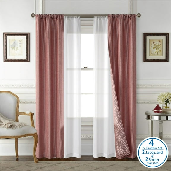 Mainstays 4 Piece Wave Jacquard Curtain Panel Set, Red, 27.5" W x 84" L