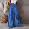 thumbnail image 2 of Bohemian Printed High Waist Maxi Skirt for Women Casual Elastic Waist Tiered Long Skirt with Pockets Lightweight Flowing Fabric Dark Blue S, 2 of 8