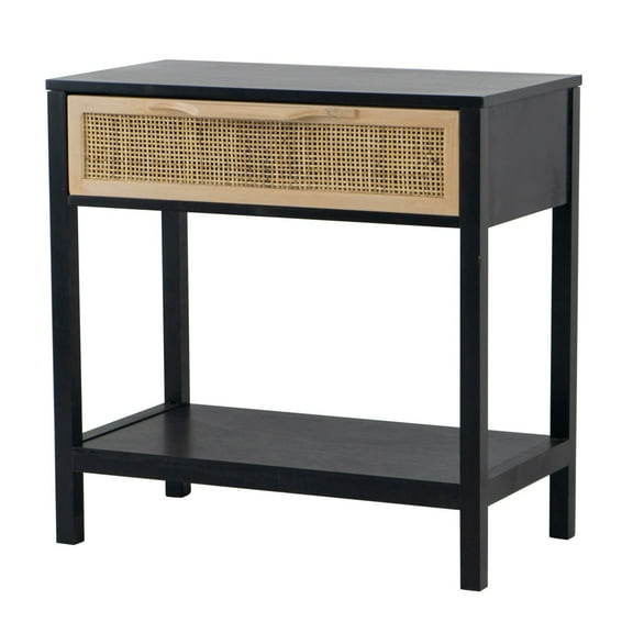 Tia 22 Inch Accent Side Table, Pine Wood, Woven Rattan, 1 Drawer, Black, Saltoro Sherpi