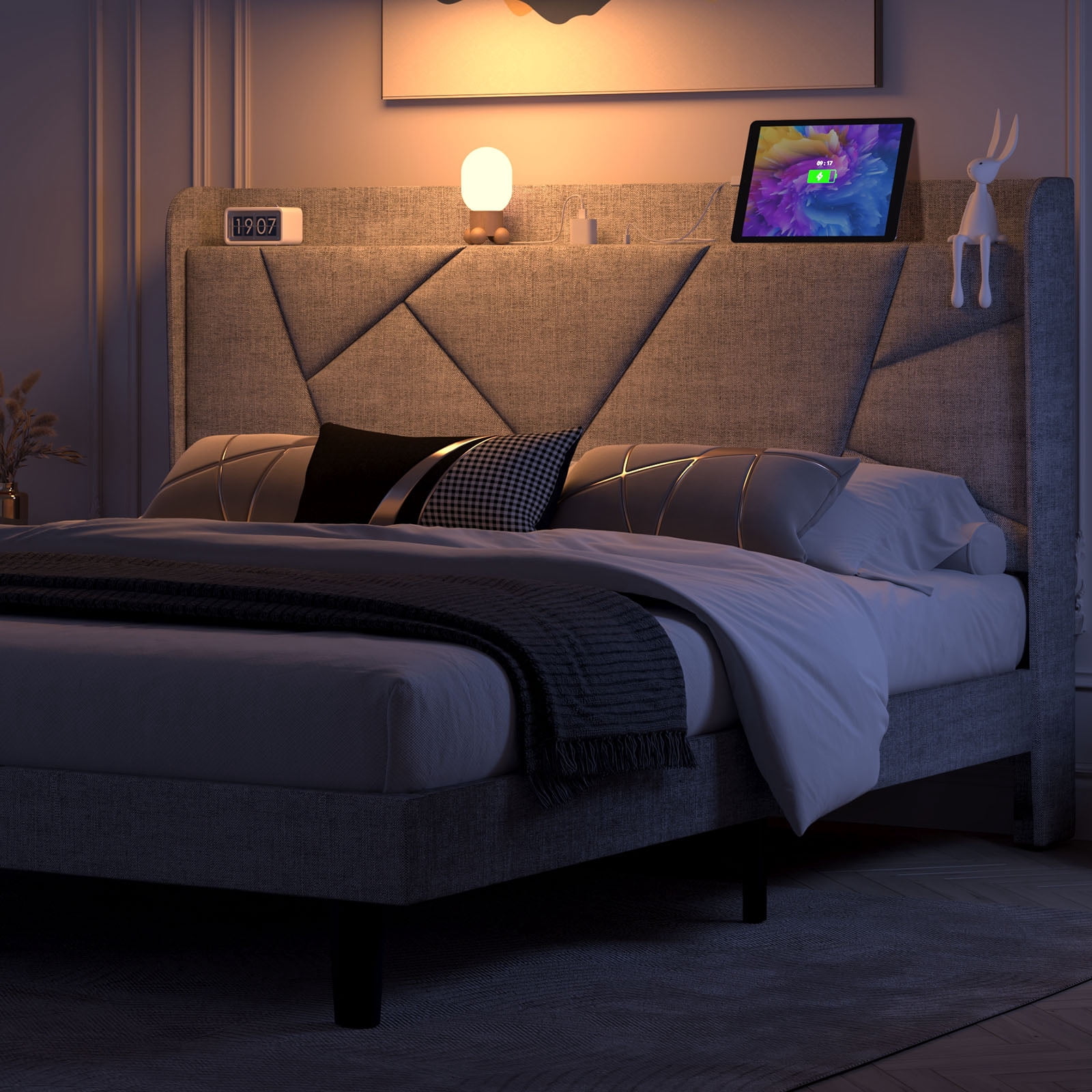 NISIEN Full Size Bed Frame with Charging Station, Upholstered Platform Bed with Wingback Storage Headboard, Light Gray