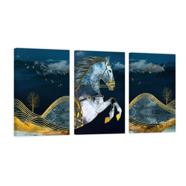Cuadro Decorativo Tríptico Vertical Caballo de Oro Canvas Revolution Set De 3 Cuadros 30x45 cm