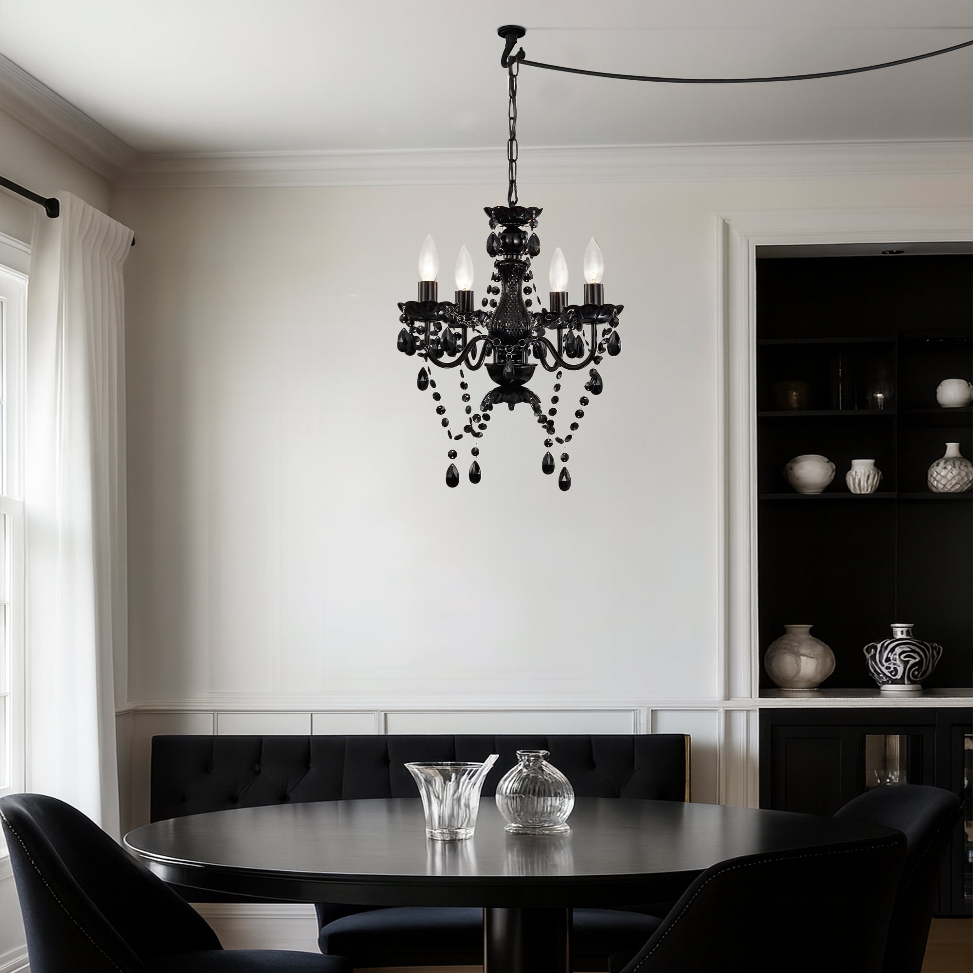 4-Light Elegant Black Finish Plug-in Crystal Chandelier for Bedroom Dining Room, Mini Adjustable Hanging Light
