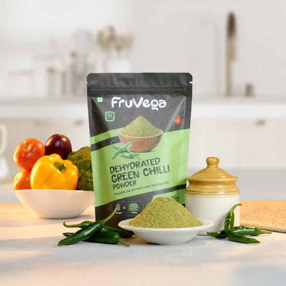 FRUVEGA Green Chilli Powder 75g | Hot & Natural Spice for Authentic Taste | 75g = 750g Raw GREEN CHILLI