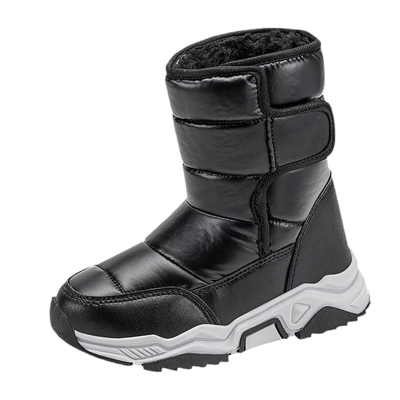 AUDeals Kids Shiny Snow Boots Fleece Lined Mid Calf Non Slip Water Resistant Lightweight Winter Outdoor Footwear (Black, 4.5-5 Years)