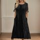 thumbnail image 2 of Vestido largo de verano para mujer: vestido informal de manga corta con cuello en V, botones y bolsillos, estilo boho maxi, 2 of 4