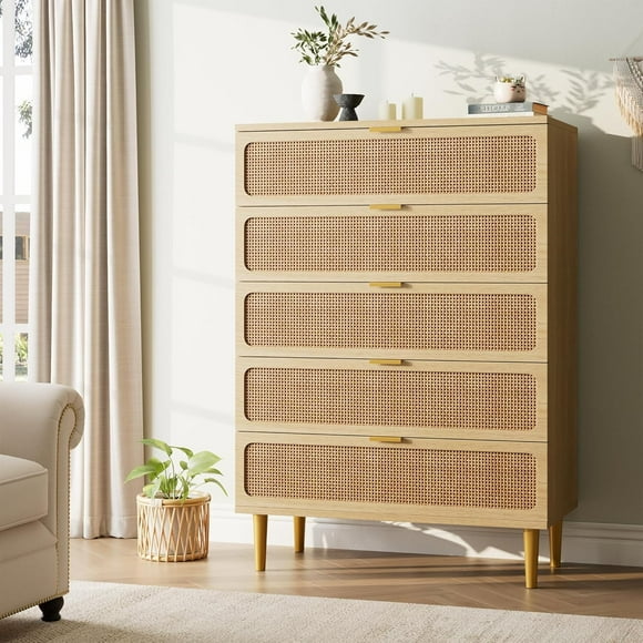 Rattan 5 Drawer Dresser for Bedroom, Chest of Drawers with Deep Drawers, Large Double Dresser for Closet with Wide Top, Tall Wooden Dresser for Living Room, Hallway, Kids Room, Natural