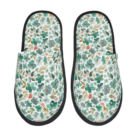 Balery Floral In Teal Slient Indoor Furry Fleece Comfort House Shoes Soft Non-Slip Home Shoes Cotton slippers House Slippers-- Medium