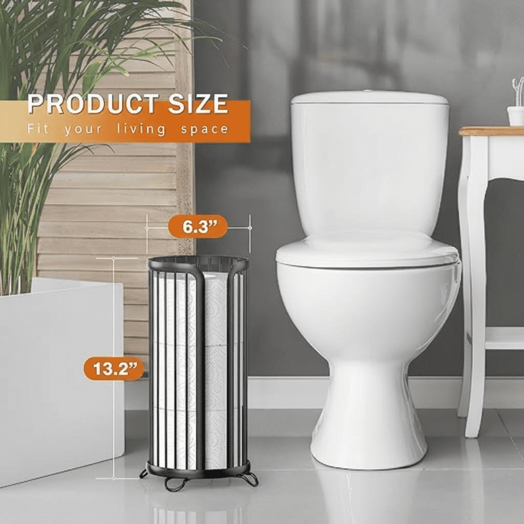 Freestanding Toilet Paper Holder Stand with Storage, Modern Black Bathroom Tissue Organizer for Mega Rolls, Minimalist Design Space-Saving Solution