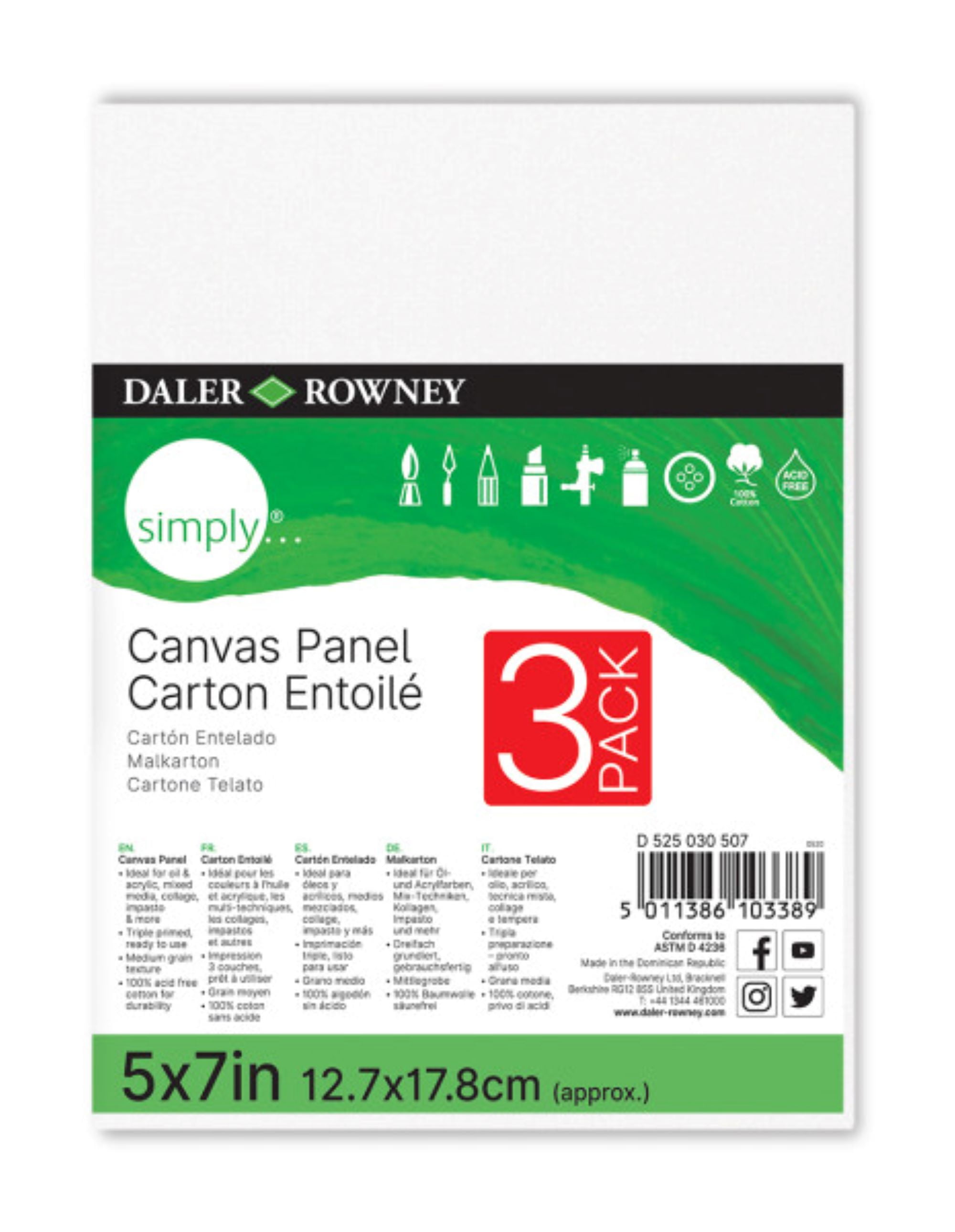 (3 pack) Daler-Rowney Simply Canvas, White Panel, 5x7 inch, 3 Piece - Teens, Students, Artists, Kids