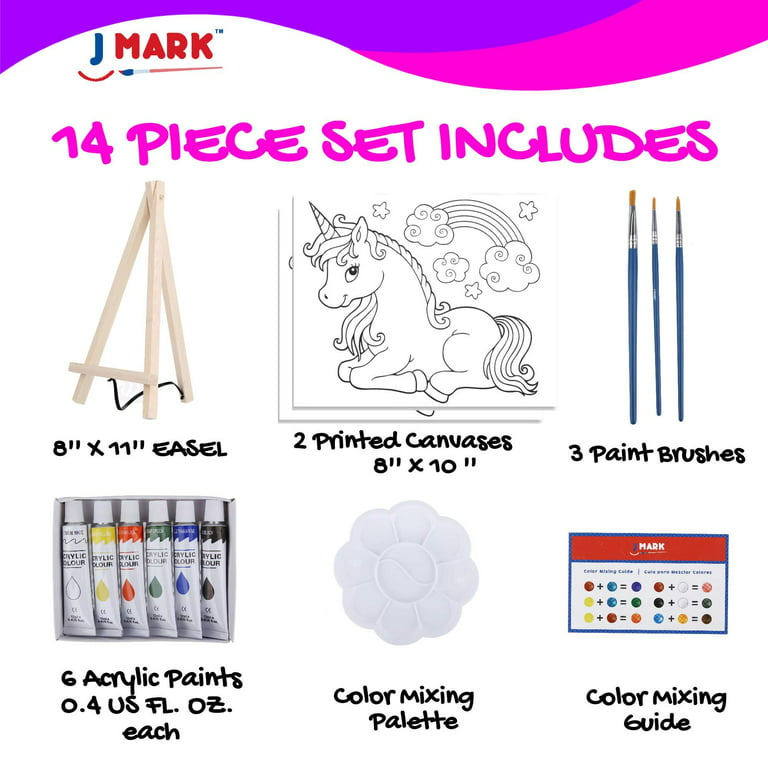 Kids Paint Set and Paint Easel 14-Piece Acrylic Painting Kit, 6 Non Toxic  Washable Paints, 1 Wood Easel, 2 Pre-Stenciled Canvases 8 x 10 inches, 3