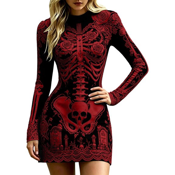 Xijirk Women Halloween Skeleton Rose Tombstone Printed Mini Dress Long Sleeve Neck Bodycon Lace Hem Outfit for Cosplay Party Festival Casual Gathering,XXL
