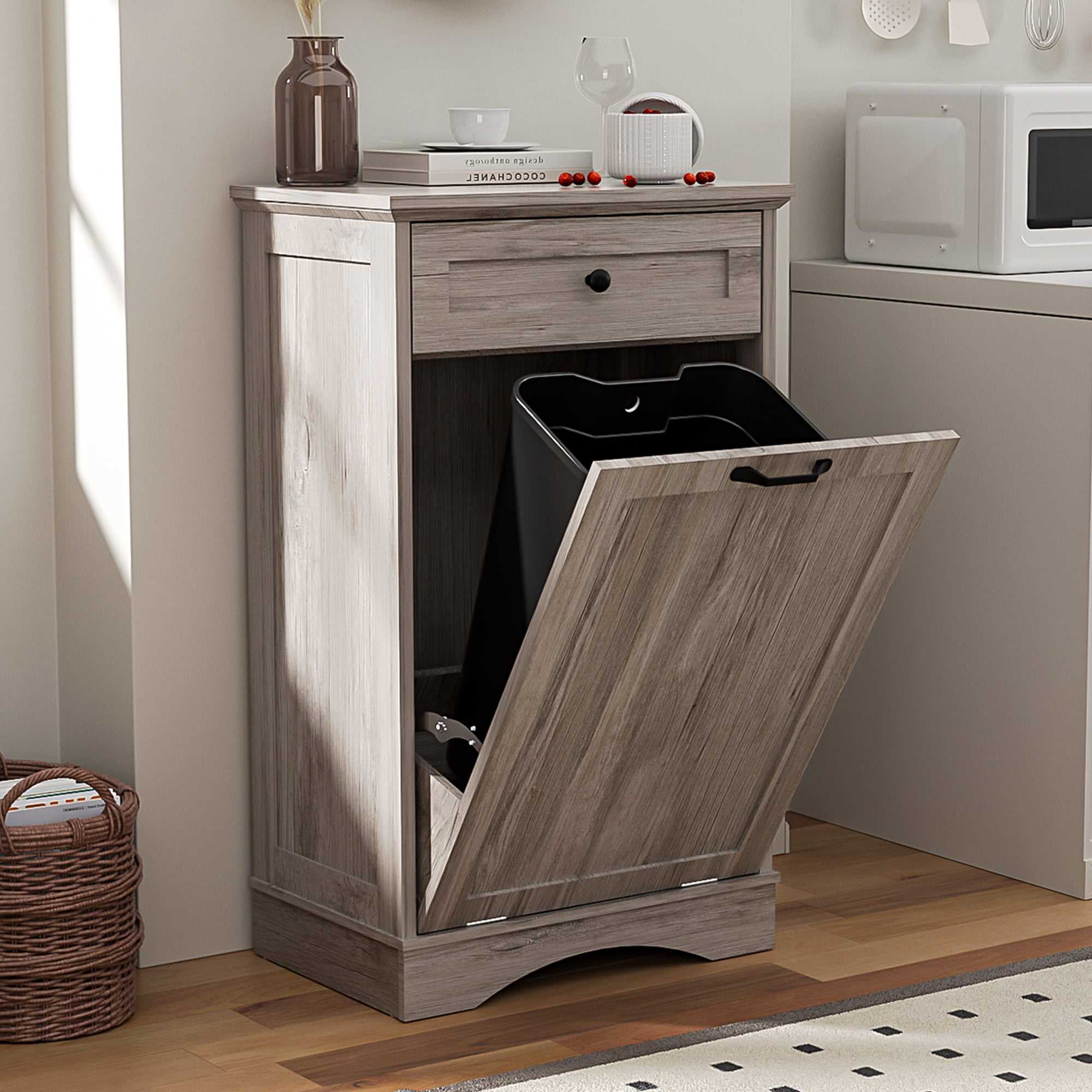HARIPUL 13 Gallon Tilt Out Trash Cabinet for Kitchen, Single Kitchen Trash Can Cabinet with Drawers, Light Brown