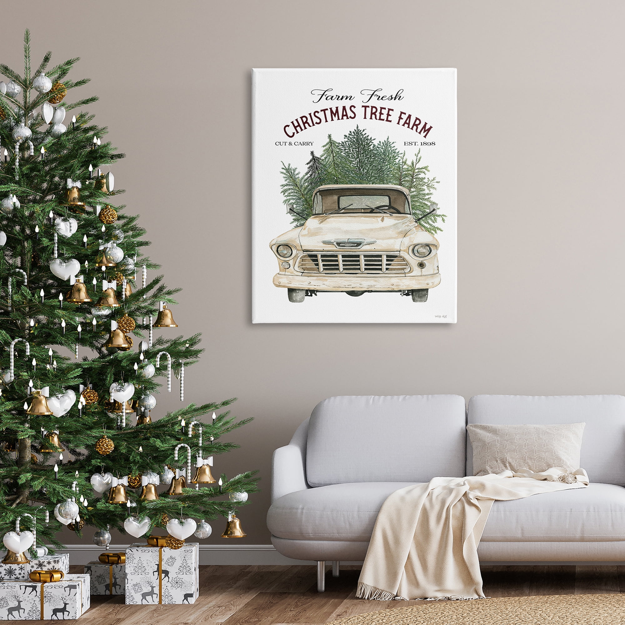 Christmas Tree Farm Vintage Car Holiday Signage Transportation Graphic Art Gallery-Wrapped Canvas Print Wall Art