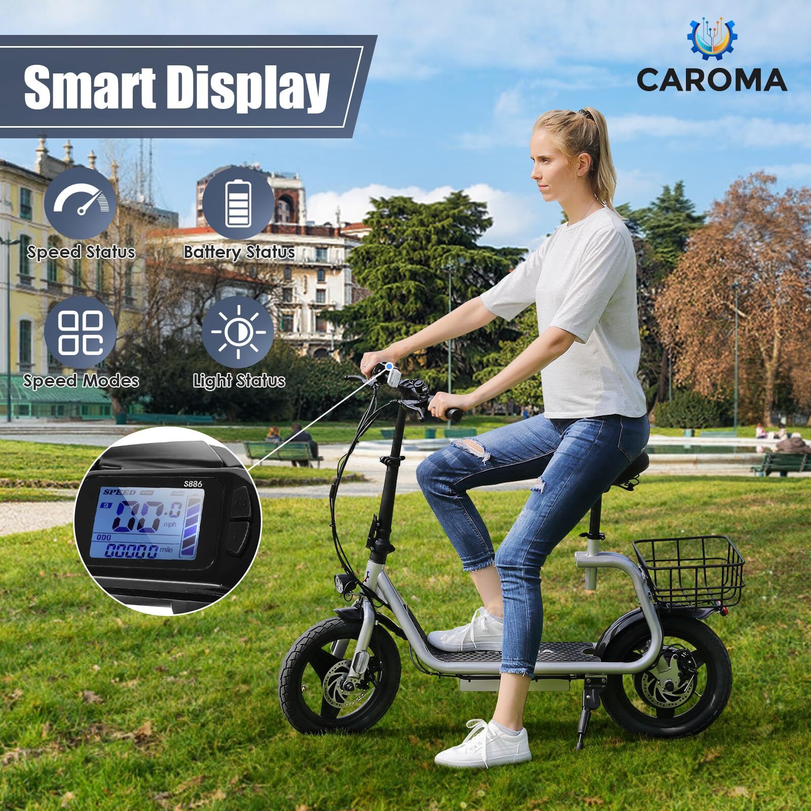 Caroma 800W(Peak) Adults Electric Scooter with Removable Seat, Max Speed 20mph Up to 25 Miles Range, 14" Tire for Commuting Scooter with Basket, Folding Electric Scooter, Silver - image 3 of 9