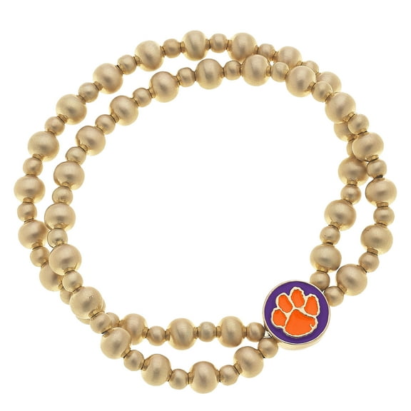 Women' CANVAS Style Clemson Tigers Two-Row Ball Bead Stretch Bracelet