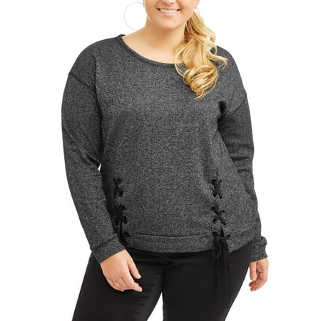 Junior Plus Lace Up Sweatshirt Scoop Neck Top